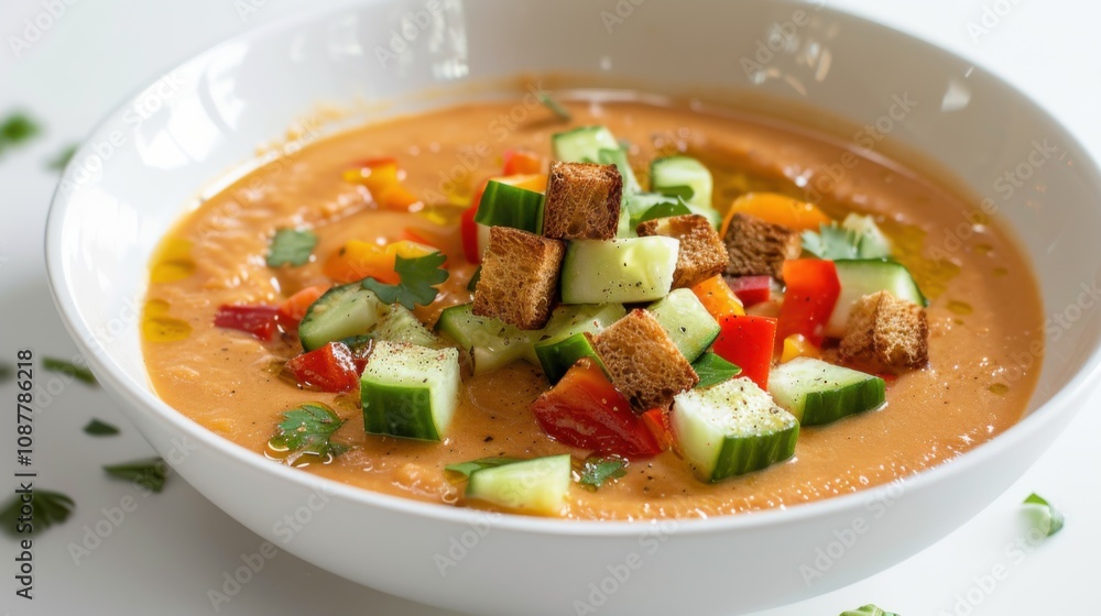 A refreshing bowl of gazpacho soup garnished with diced cucumbers, bell peppers A refreshing bowl of gazpacho soup garnished with diced cucumbers, bell peppers
