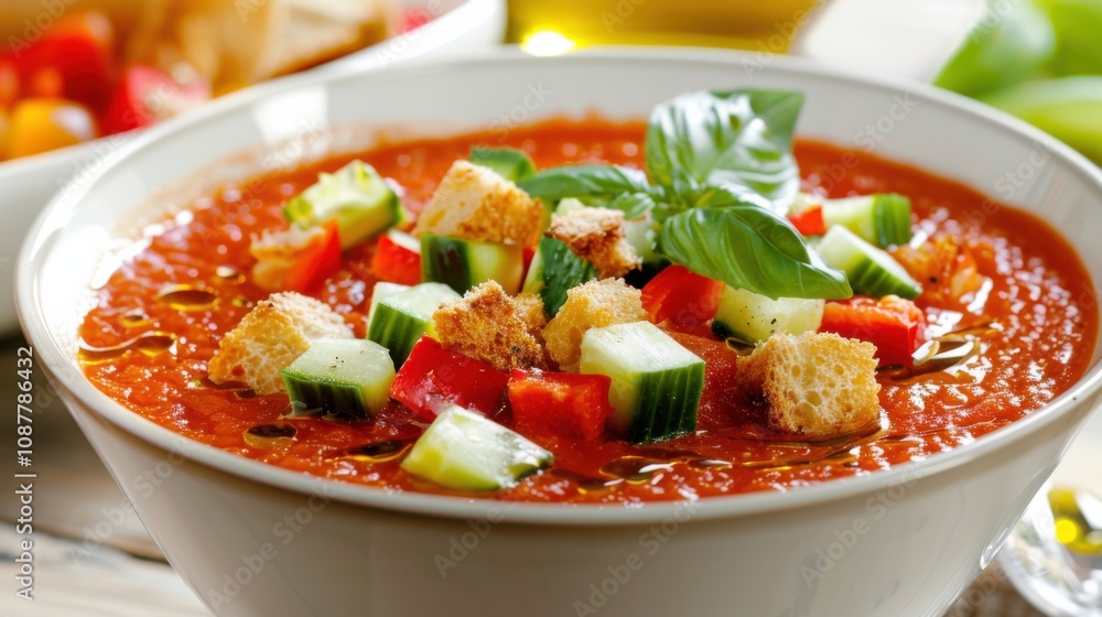 A refreshing bowl of gazpacho soup garnished with diced cucumbers, bell peppers A refreshing bowl of gazpacho soup garnished with diced cucumbers, bell peppers