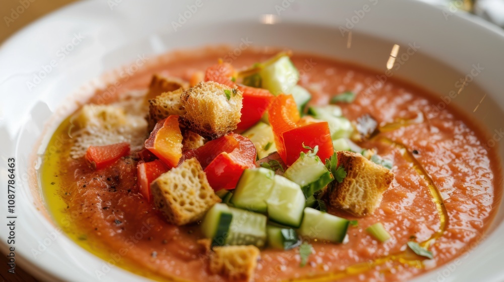A refreshing bowl of gazpacho soup garnished with diced cucumbers, bell peppers A refreshing bowl of gazpacho soup garnished with diced cucumbers, bell peppers