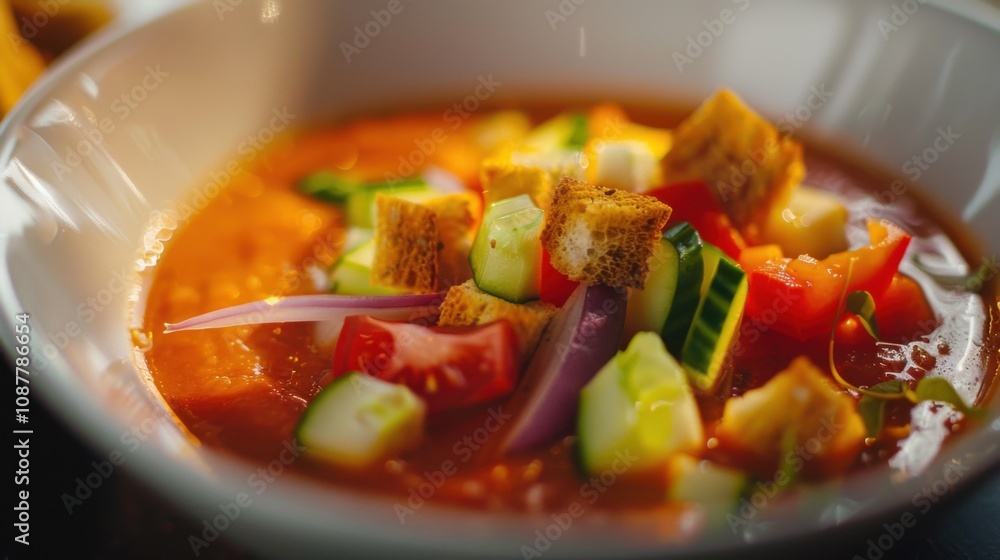 A refreshing bowl of gazpacho with ripe tomatoes, cucumbers A refreshing bowl of gazpacho with ripe tomatoes, cucumbers