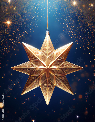 A golden star hangs in the air against a dark blue background decorated with tiny dots of light resembling stars in the sky