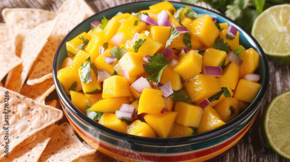 A refreshing bowl of mango salsa with diced mango, red onion A refreshing bowl of mango salsa with diced mango, red onion