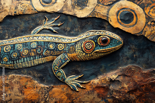 Traditional dreamtime artwork with reptile symbolism.