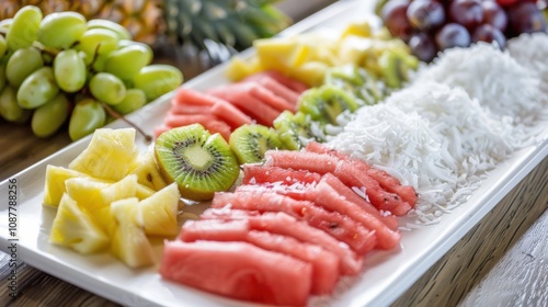 A refreshing fruit platter with sliced watermelon, pineapple photo