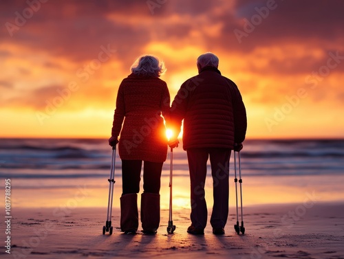 An elderly couple stands on a serene beach with walking sticks, watching the sunset and enjoying a peaceful moment of tranquility and reflection together. photo