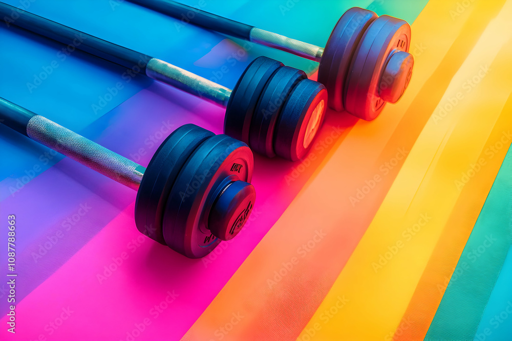 Colorful weights sit on a rainbow background, inspiring energetic training ahead Colorful weights sit on a rainbow background, inspiring energetic training ahead