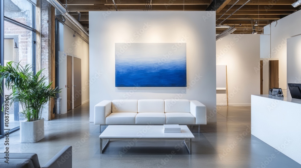 Fototapeta premium Modern Gallery Interior White Sofa Blue Artwork