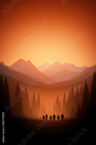 Group of hikers silhouetted against a vibrant sunset in the mountains
