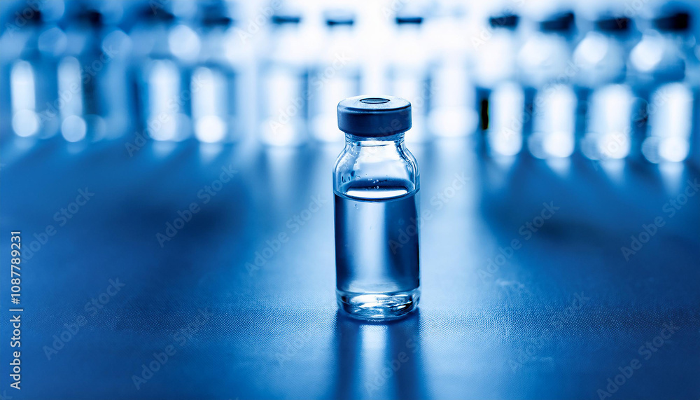 Glass vial with liquid drug. Vaccination concept. Vaccine for virus infection. Blue tones. Glass vial with liquid drug. Vaccination concept. Vaccine for virus infection. Blue tones.