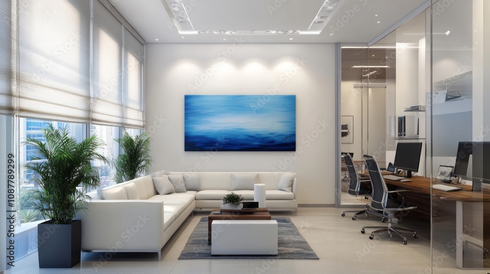 Modern Office Lounge with Blue Abstract Artwork Modern Office Lounge with Blue Abstract Artwork