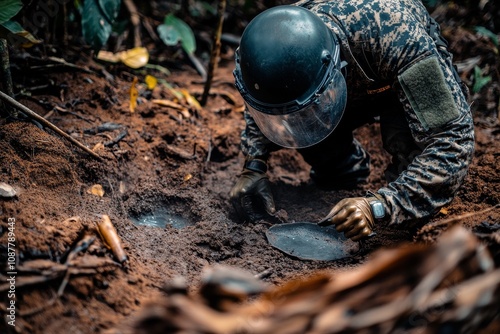 Wallpaper Mural Soldier carefully digging soil in jungle environment while wearing protective gear Torontodigital.ca
