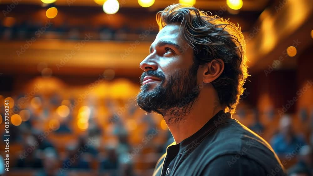Engaging speaker captivates audience at a theater event in the evening with inspiring stories and dynamic presence Engaging speaker captivates audience at a theater event in the evening with inspiring stories and dynamic presence