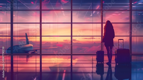 Travel Concept: Woman in Airport Passenger Silhouette, Standing at the Terminal Window as She Looks Out Toward Her Journey, Reflecting on the Excitement of Air Travel and New Adventures