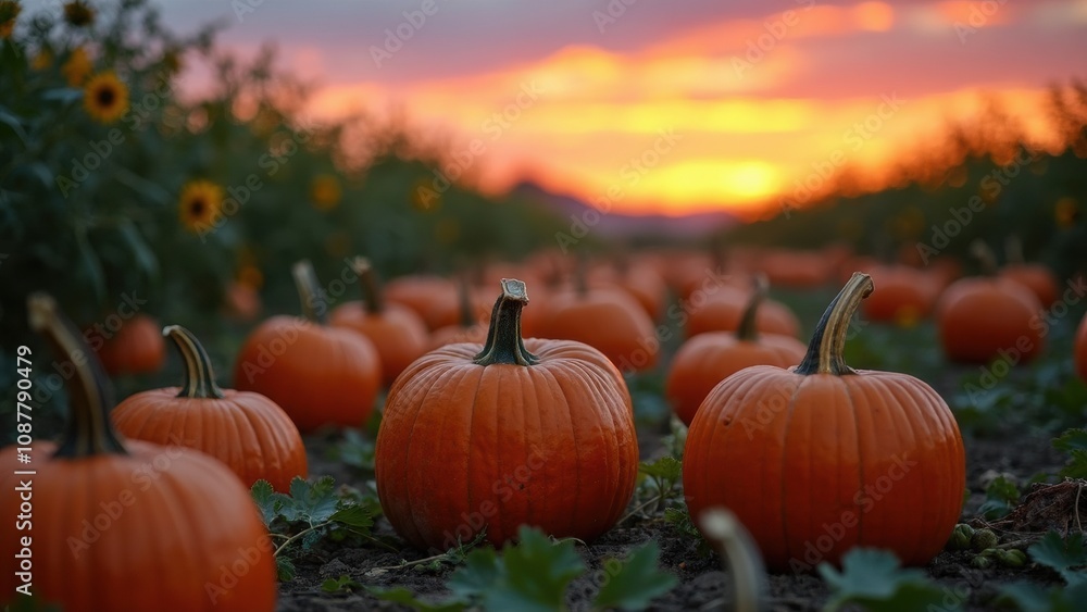 A field is filled with bright orange pumpkins as the sun sets in the background, casting a warm glow. Sunflowers add a cheerful touch to the autumn landscape A field is filled with bright orange pumpkins as the sun sets in the background, casting a warm glow. Sunflowers add a cheerful touch to the autumn landscape