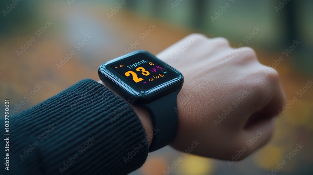 A smartwatch displaying time and fitness data on a wrist against a blurred autumn background. A smartwatch displaying time and fitness data on a wrist against a blurred autumn background.