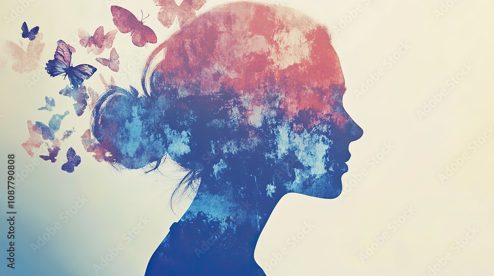 Watercolor abstract female profile with butterflies Watercolor abstract female profile with butterflies