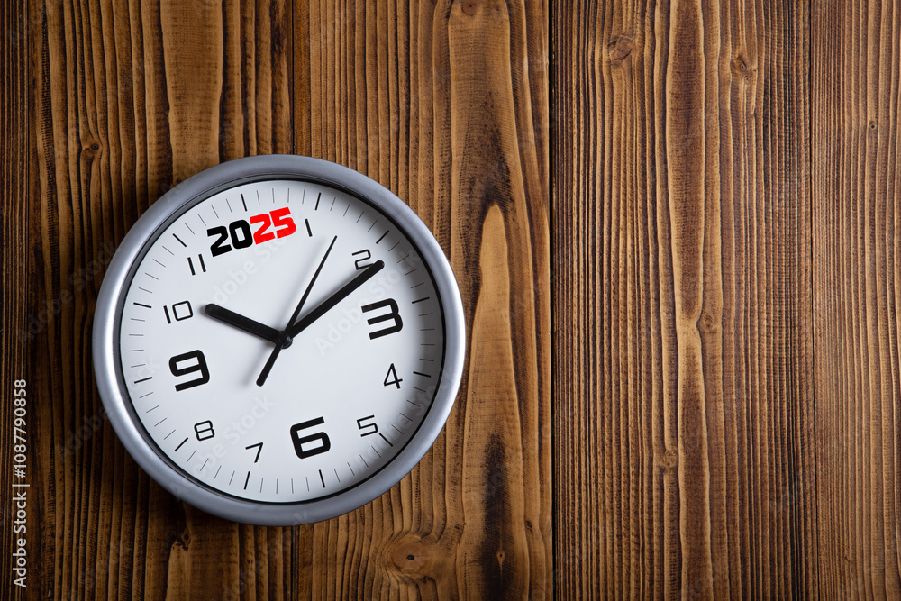 large white clock face with digits on a wooden background top view large white clock face with digits on a wooden background top view