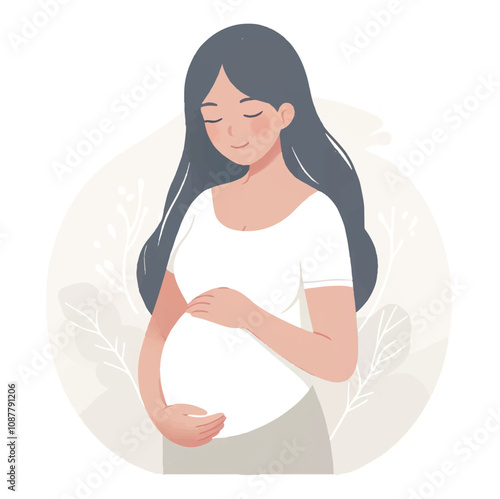Vector illustration of a serene pregnant woman tenderly holding her belly, symbolizing motherhood, pregnancy, and anticipation of a new life