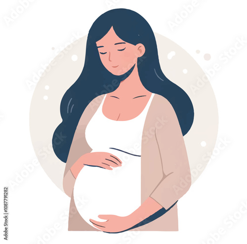 Vector illustration of a serene pregnant woman tenderly holding her belly, symbolizing motherhood, pregnancy, and anticipation of a new life