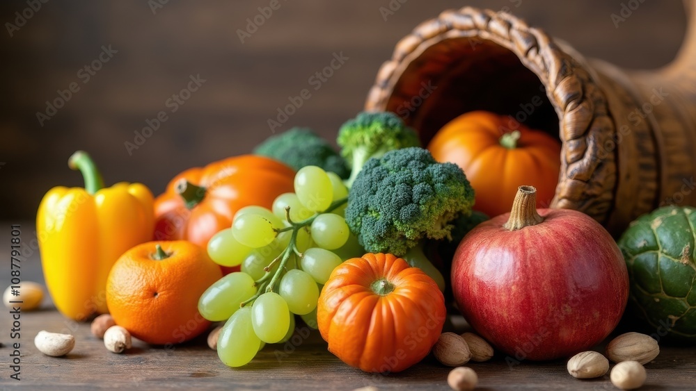 A vibrant assortment of seasonal fruits and vegetables, including pumpkins, broccoli, and oranges, is beautifully displayed within a rustic basket on a wooden table A vibrant assortment of seasonal fruits and vegetables, including pumpkins, broccoli, and oranges, is beautifully displayed within a rustic basket on a wooden table