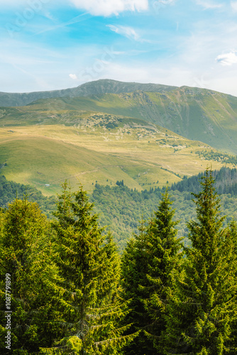 Mountain landscape in National Park Retezat, Romania. Hiking to Vârful Sadovanu peak photo