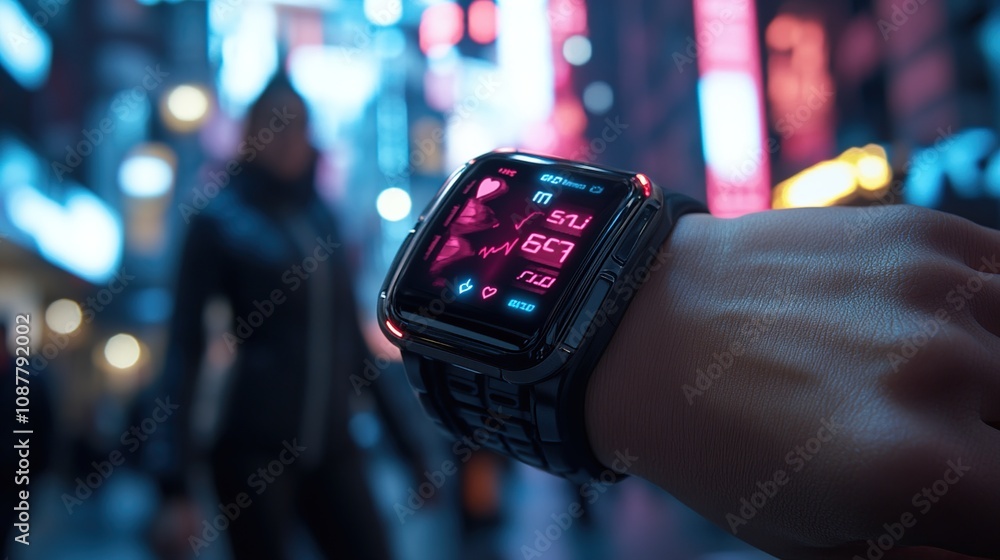 A futuristic smartwatch displaying health metrics in a vibrant urban setting. A futuristic smartwatch displaying health metrics in a vibrant urban setting.