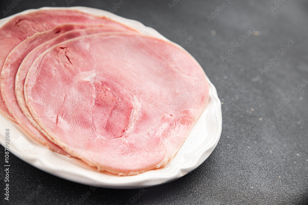 Ham slice pork meat fresh tasty food dish delicious gourmet food background on the table rustic food top view copy space Ham slice pork meat fresh tasty food dish delicious gourmet food background on the table rustic food top view copy space