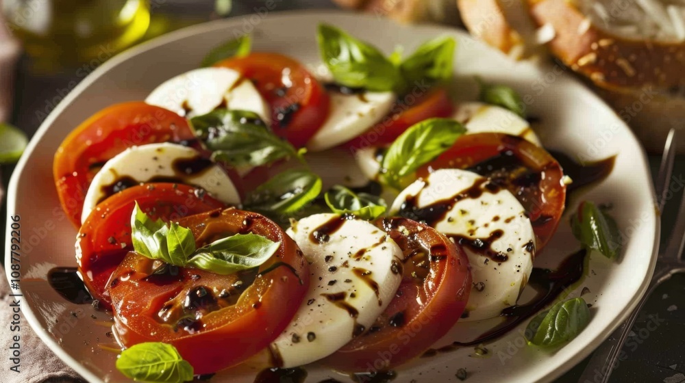 A refreshing plate of caprese salad with ripe tomatoes, fresh mozzarella cheese A refreshing plate of caprese salad with ripe tomatoes, fresh mozzarella cheese