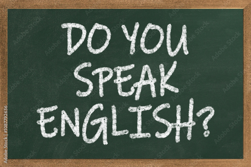 Obraz premium A chalkboard with the text do you speak english? written in it, a pot with pencils and the flag of the United Kingdom, on a wooden desk, with green background