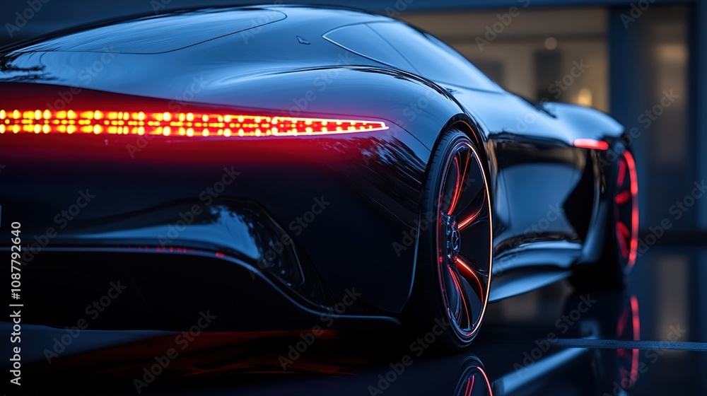 A sleek, futuristic car with glowing red lights, showcasing modern automotive design. A sleek, futuristic car with glowing red lights, showcasing modern automotive design.