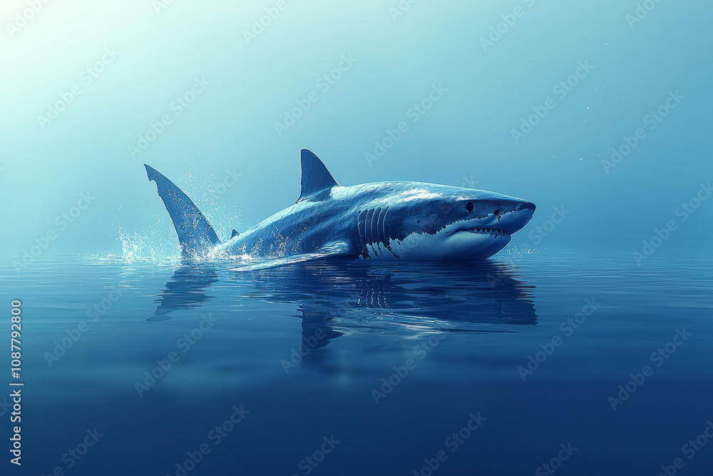 Fototapeta premium A sleek shark gliding just below the surface of calm water, its dorsal fin cutting through,