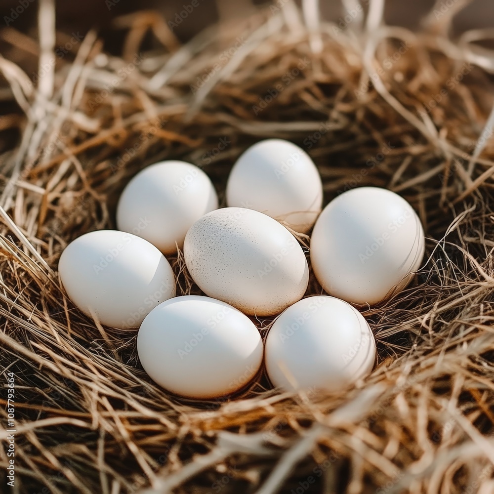 Fresh organic chicken eggs in straw nest with natural light Fresh organic chicken eggs in straw nest with natural light
