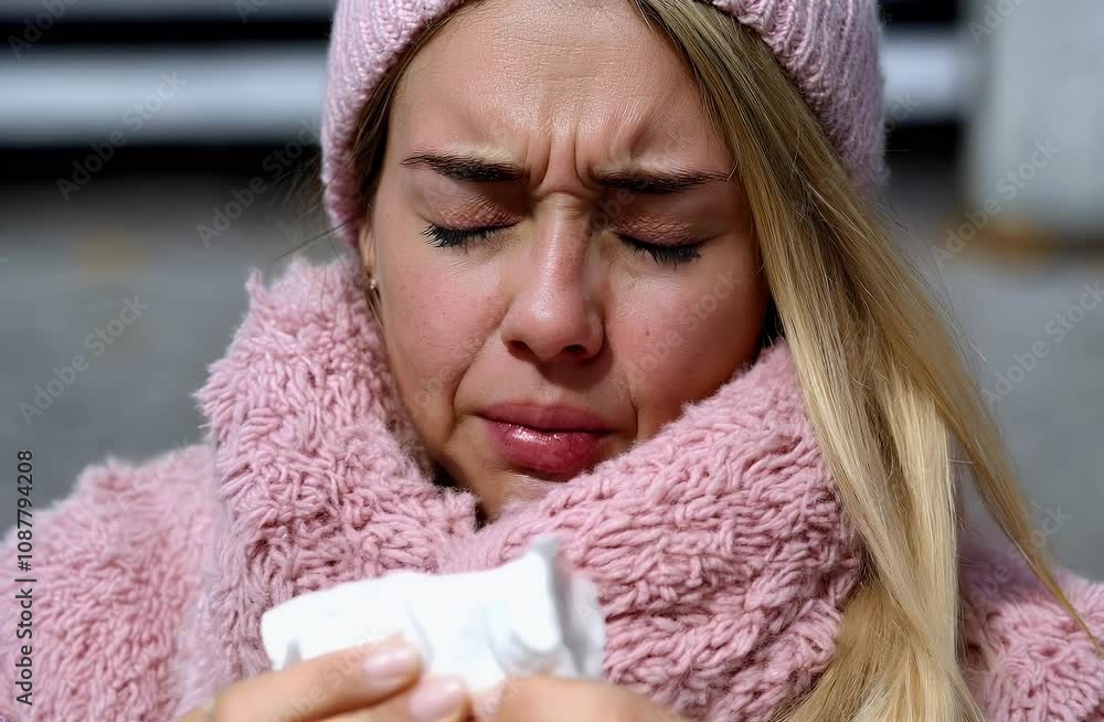 A woman with a pink hat and a tissue in her hand
