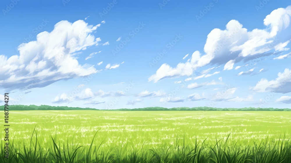 Fototapeta premium Gorgeous hand-drawn illustration depicting scenic mountains and farmlands, enriched with intricate details and an anime-inspired touch.