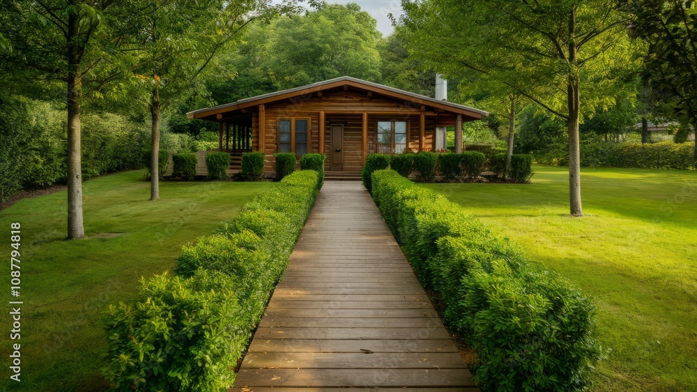 Serene Cabin Retreat: Capture the rustic charm of a secluded wooden cabin nestled amidst verdant greenery and a meticulously manicured lawn, creating a tranquil retreat. Serene Cabin Retreat: Capture the rustic charm of a secluded wooden cabin nestled amidst verdant greenery and a meticulously manicured lawn, creating a tranquil retreat.