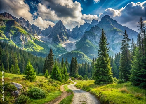 Vintage Style Photography of the Serene Path Through Dolina Koscieliska in the Polish Tatra Mountains Surrounded by Majestic Peaks and Lush Greenery photo