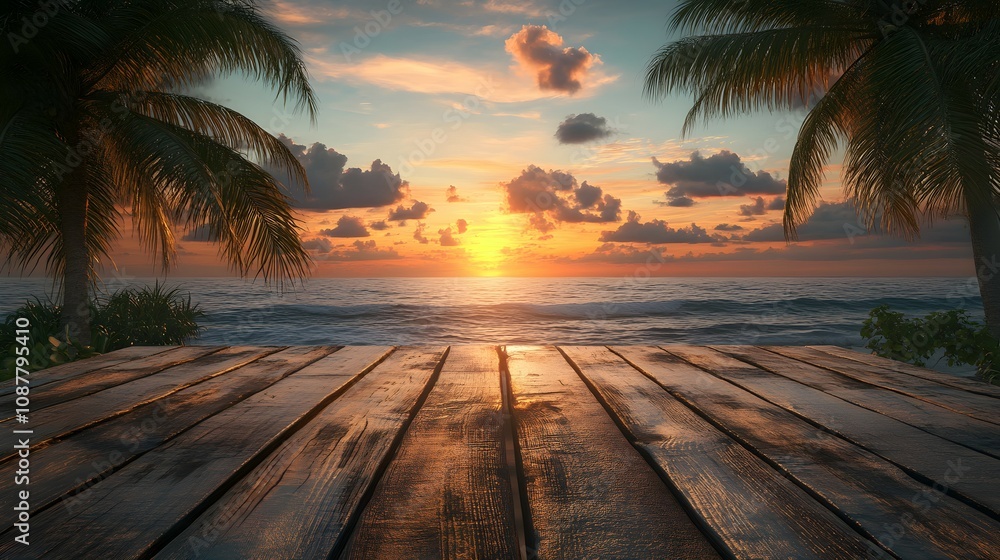 wooden empty table, sunset, palm trees, beach, ocean wooden empty table, sunset, palm trees, beach, ocean