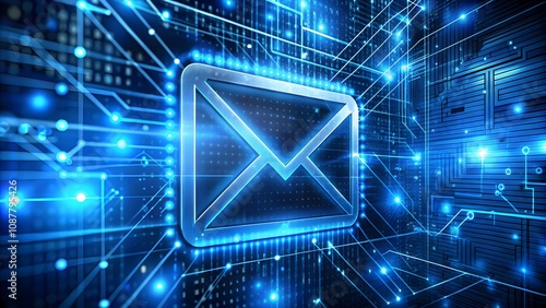  Blue glowing mail icon data streams, futuristic electronic communication concept 