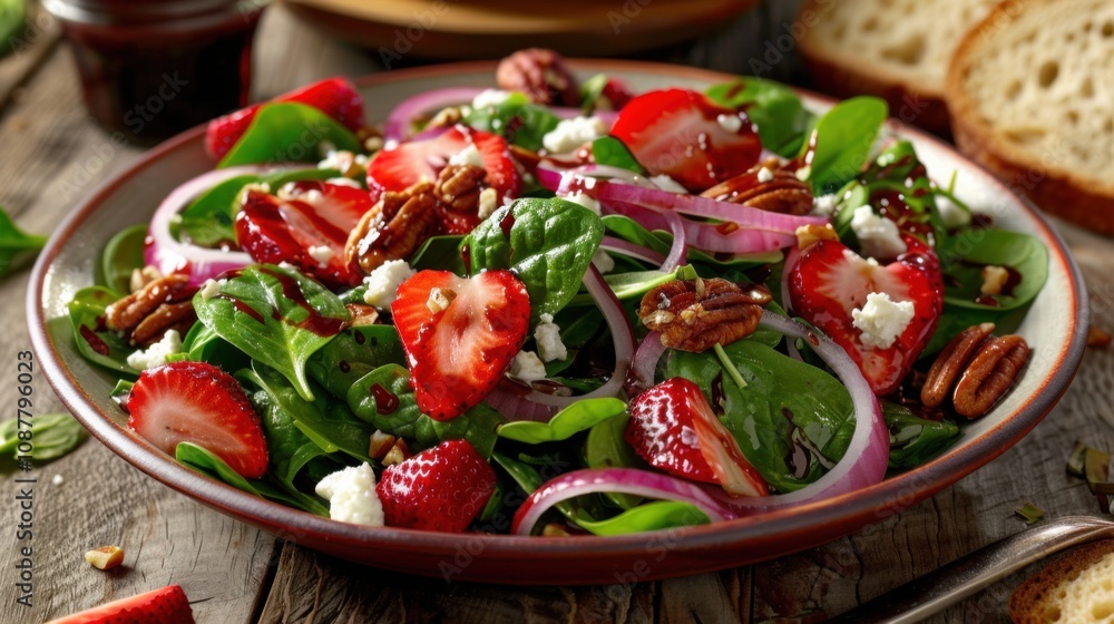 A refreshing plate of strawberry spinach salad with fresh strawberries, baby spinach A refreshing plate of strawberry spinach salad with fresh strawberries, baby spinach