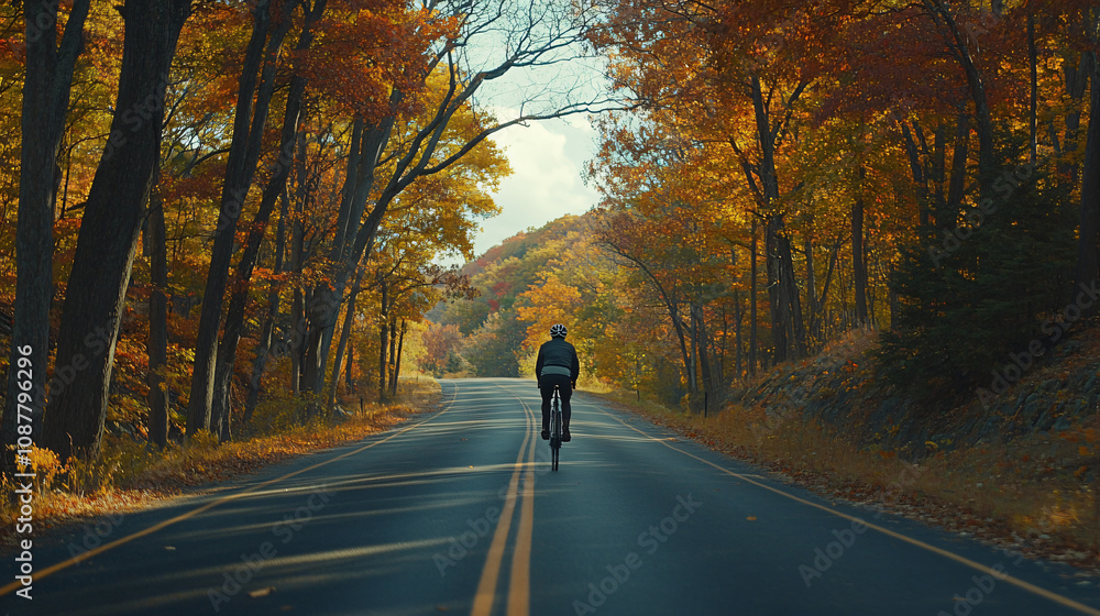 Cyclist enjoying a smooth ride on a paved road surrounded by autumn trees Cyclist enjoying a smooth ride on a paved road surrounded by autumn trees
