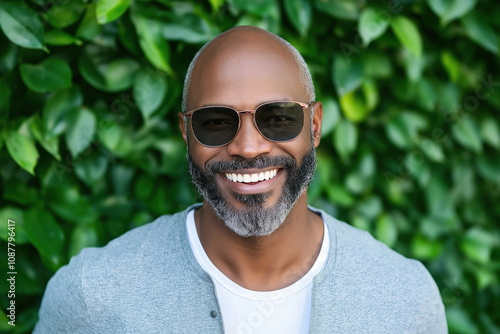 Smiling man wearing sunglasses and grey cardigan standing in front of green foliage