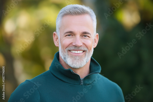 Mature man smiles warmly in a green sweater outdoors during a sunny day