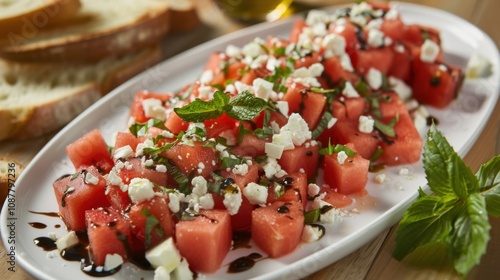 A refreshing plate of watermelon salad with cubed watermelon, feta cheese crumbles photo