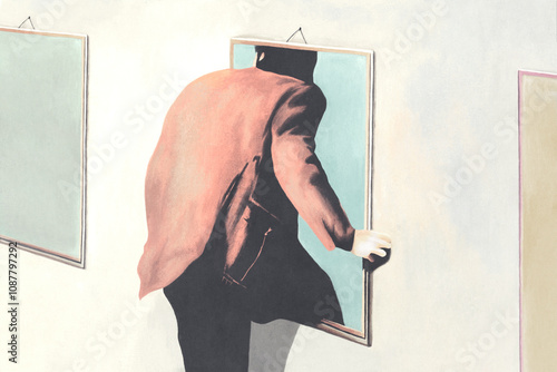 illustration of man entering a surreal painting, optical illusion concept