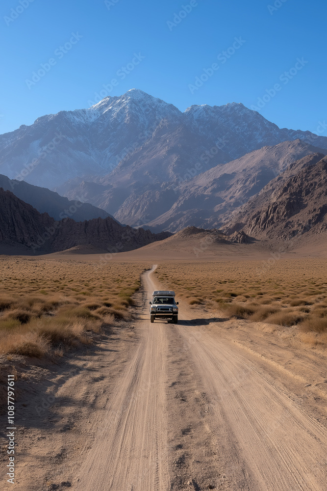 A rugged vehicle drives along a dusty path in the mountains on a clear sunny day A rugged vehicle drives along a dusty path in the mountains on a clear sunny day