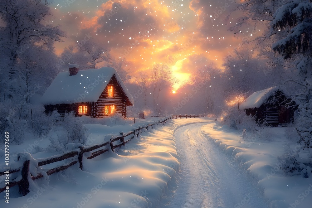 Snowy landscape with a long snowy road and a beautiful sky Snowy landscape with a long snowy road and a beautiful sky