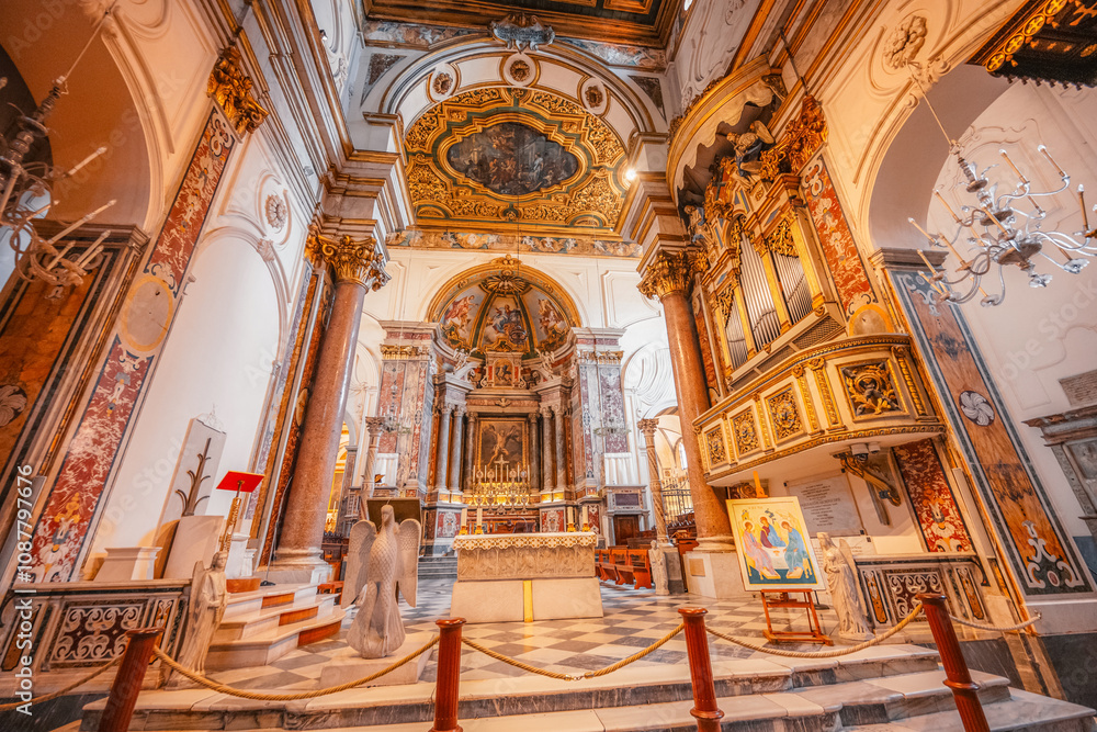Fototapeta premium Amalfi Cathedral bell tower in Amalfi coast in Italy. The church of the Apostle Saint Andrew in the Piazza del Duomo in amalfi city