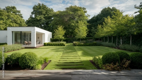 Wallpaper Mural Modern Home Oasis: a captivating scene of contemporary architecture harmonizing with the tranquility of a meticulously landscaped yard. Torontodigital.ca