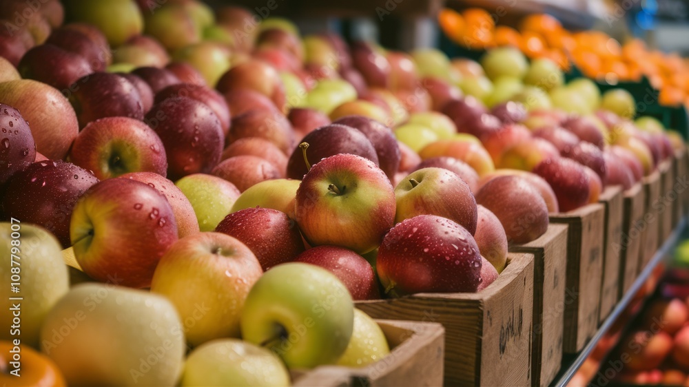 Abundance of Apples: An eye-level shot of a vibrant display of fresh apples, showcasing a spectrum of colors and varieties, from the crisp reds to the sunny yellows. Abundance of Apples: An eye-level shot of a vibrant display of fresh apples, showcasing a spectrum of colors and varieties, from the crisp reds to the sunny yellows.
