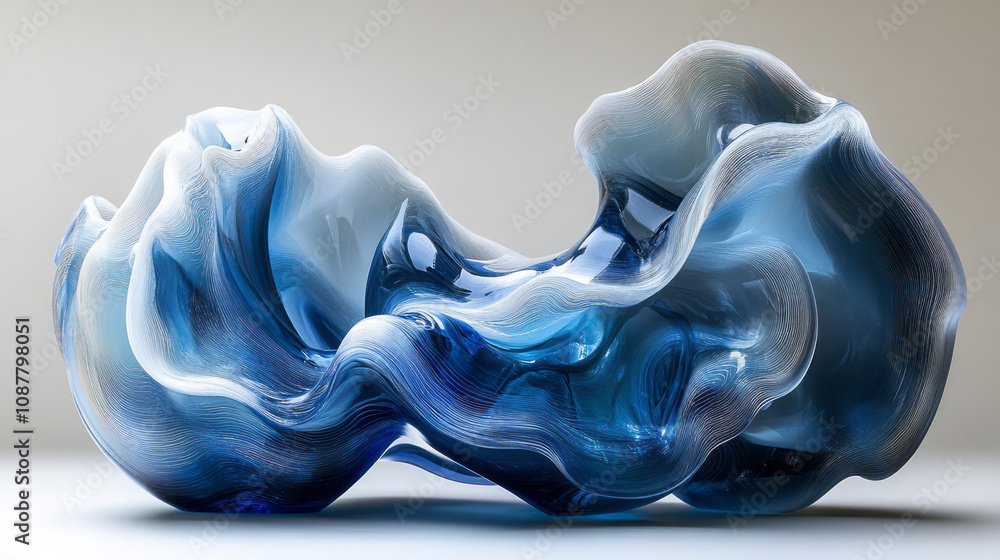 Naklejka premium A liquid-inspired blue glass sculpture with intricate curves and glowing edges,